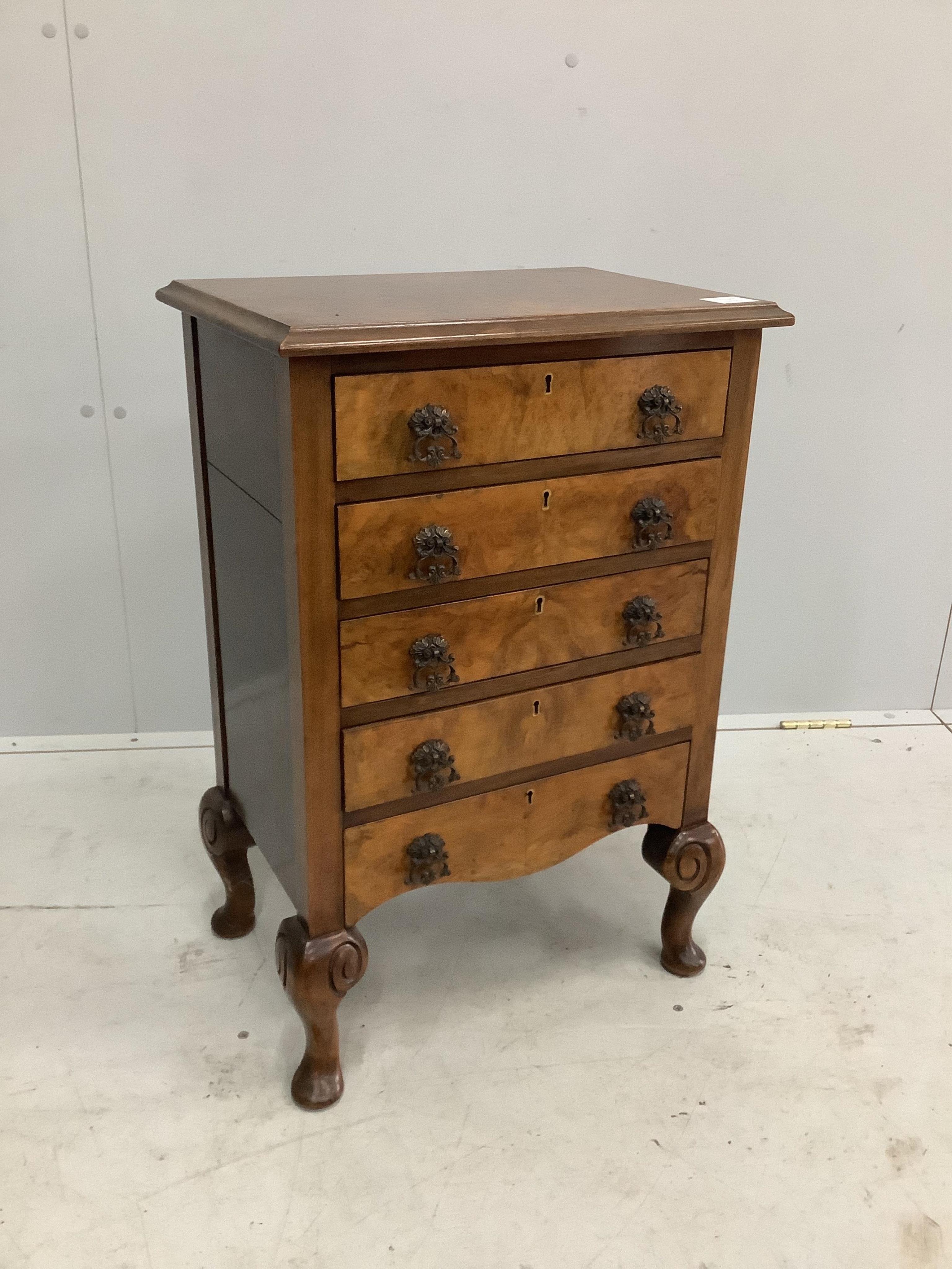 A small Queen Anne Revival walnut chest of five drawers, width 46cm, depth 31cm, height 69cm. Condition - good